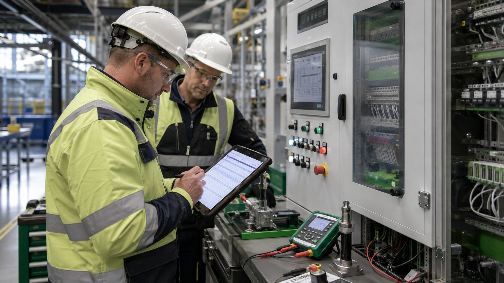 Commissioning engineer reviewing test records